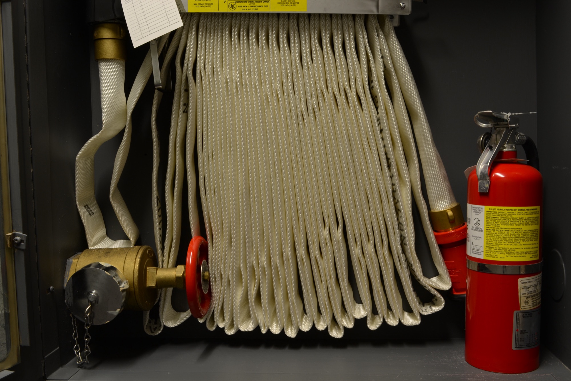 An open hose reel cabinet with a coiled canvas hose, brass landing valve and a red dry-powder extinguisher beside it.
